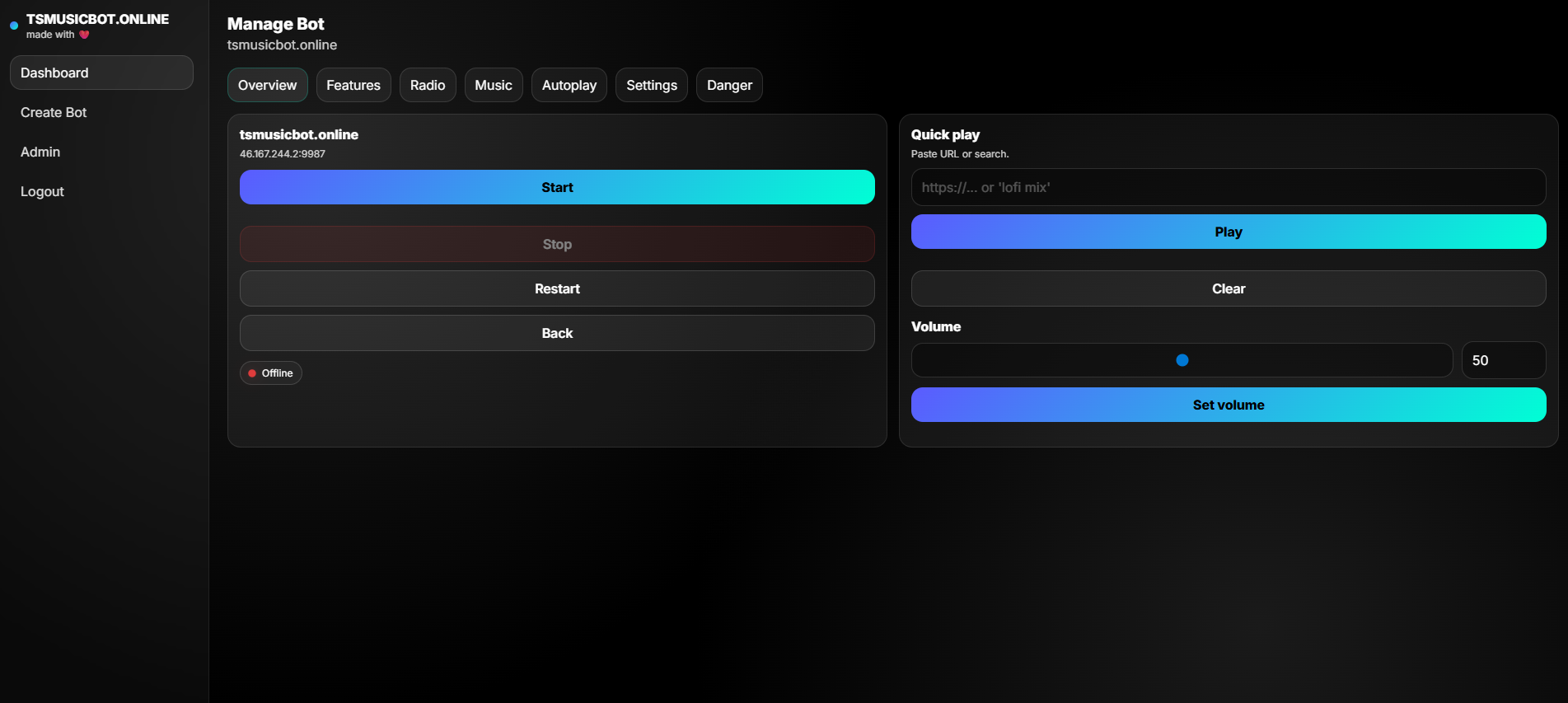 TSMusicBot control panel screenshot